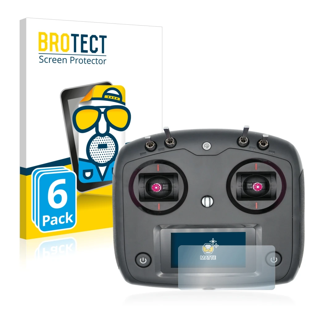 Parte frontale di una confezione del prodotto con il logo del marchio BROTECT. Accanto è raffigurato il dispositivo FlySky FS-