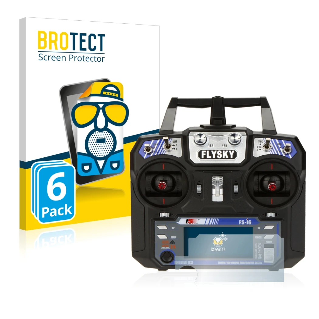 Parte frontale di una confezione del prodotto con il logo del marchio BROTECT. Accanto è raffigurato il dispositivo FlySky FS-