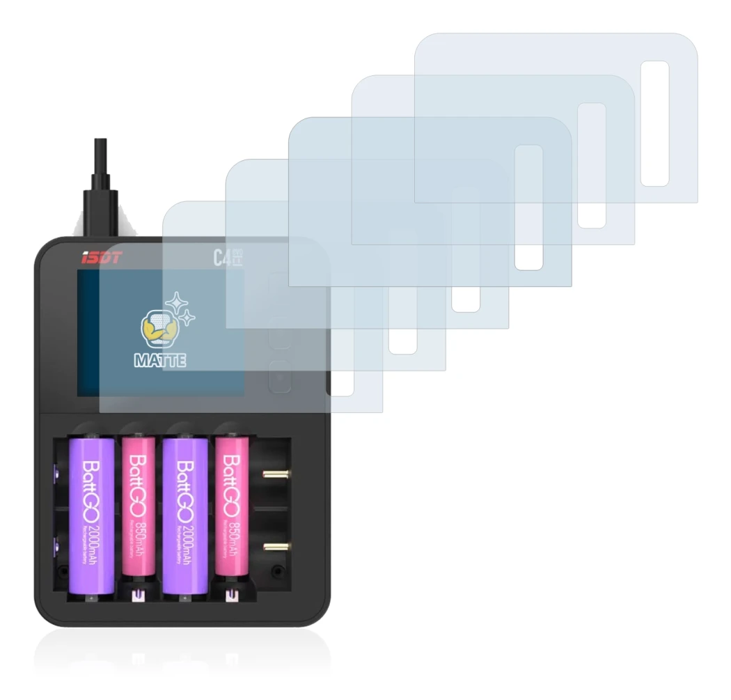 Immagine del dispositivo ISDT C4 Evo con un'ampia varietà di protezioni per lo schermo.