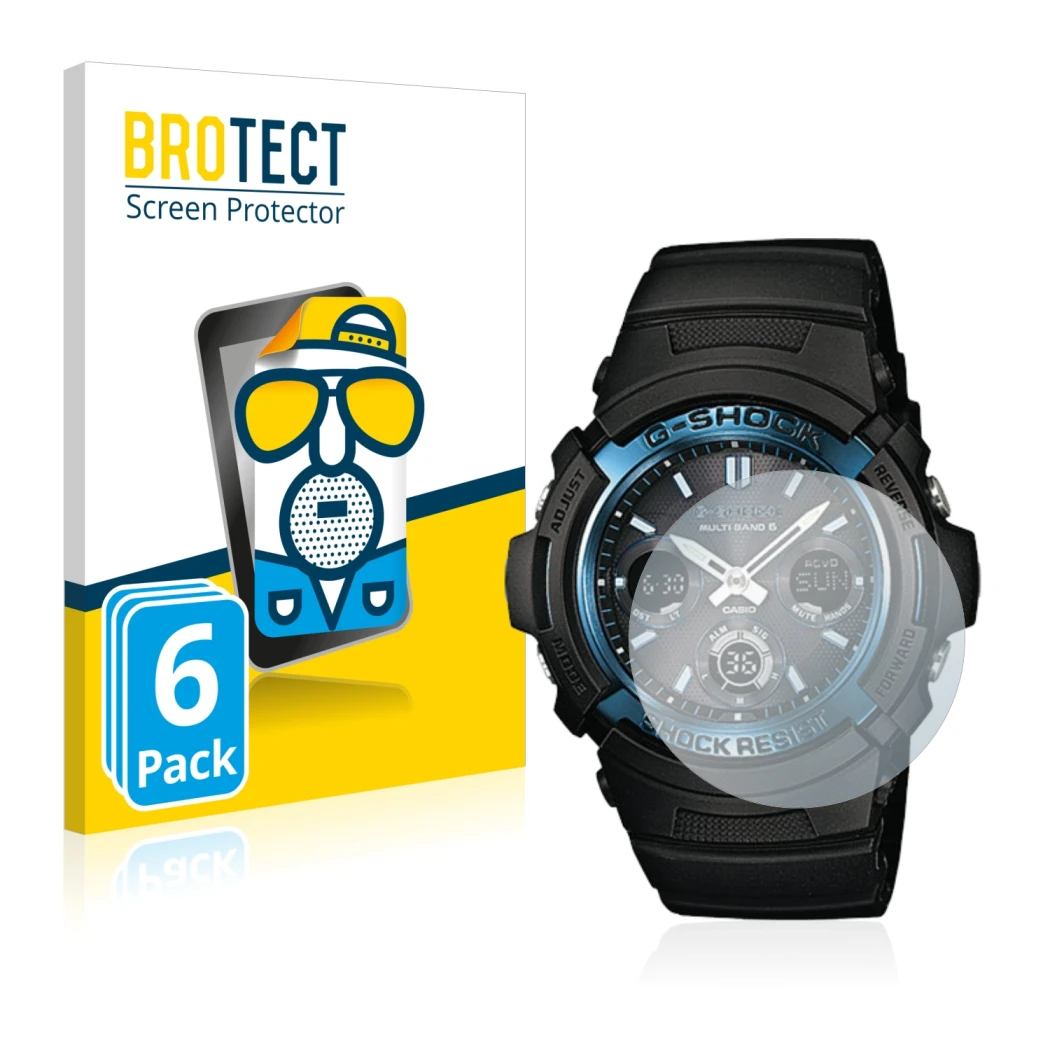 Parte frontale di una confezione del prodotto con il logo del marchio BROTECT. Accanto è raffigurato il dispositivo Casio AWG