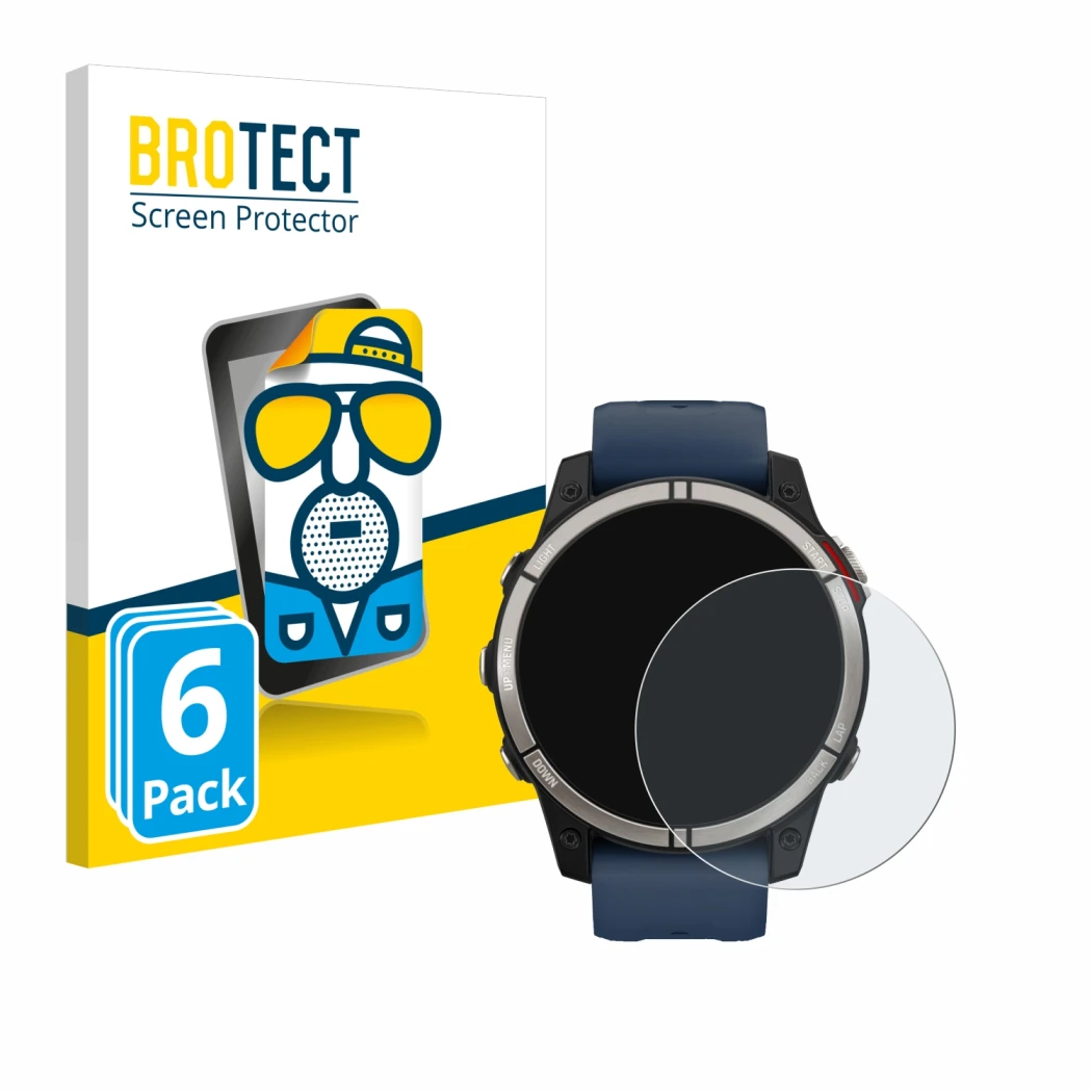 Parte frontale di una confezione del prodotto con il logo del marchio BROTECT. Accanto è raffigurato il dispositivo Garmin qua