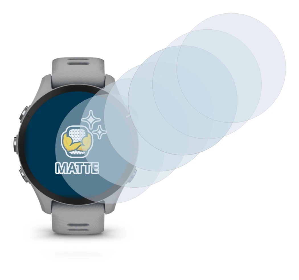 Immagine del dispositivo Garmin Forerunner 255S con un'ampia varietà di protezioni per lo schermo.
