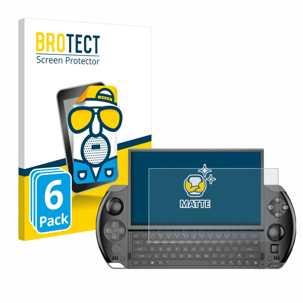 Parte frontale di una confezione del prodotto con il logo del marchio BROTECT. Accanto è raffigurato il dispositivo GPD Win 4 