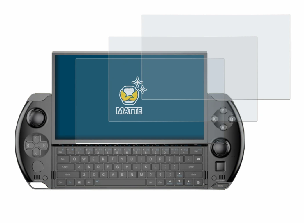 Immagine del dispositivo GPD Win 4 con un'ampia varietà di protezioni per lo schermo.