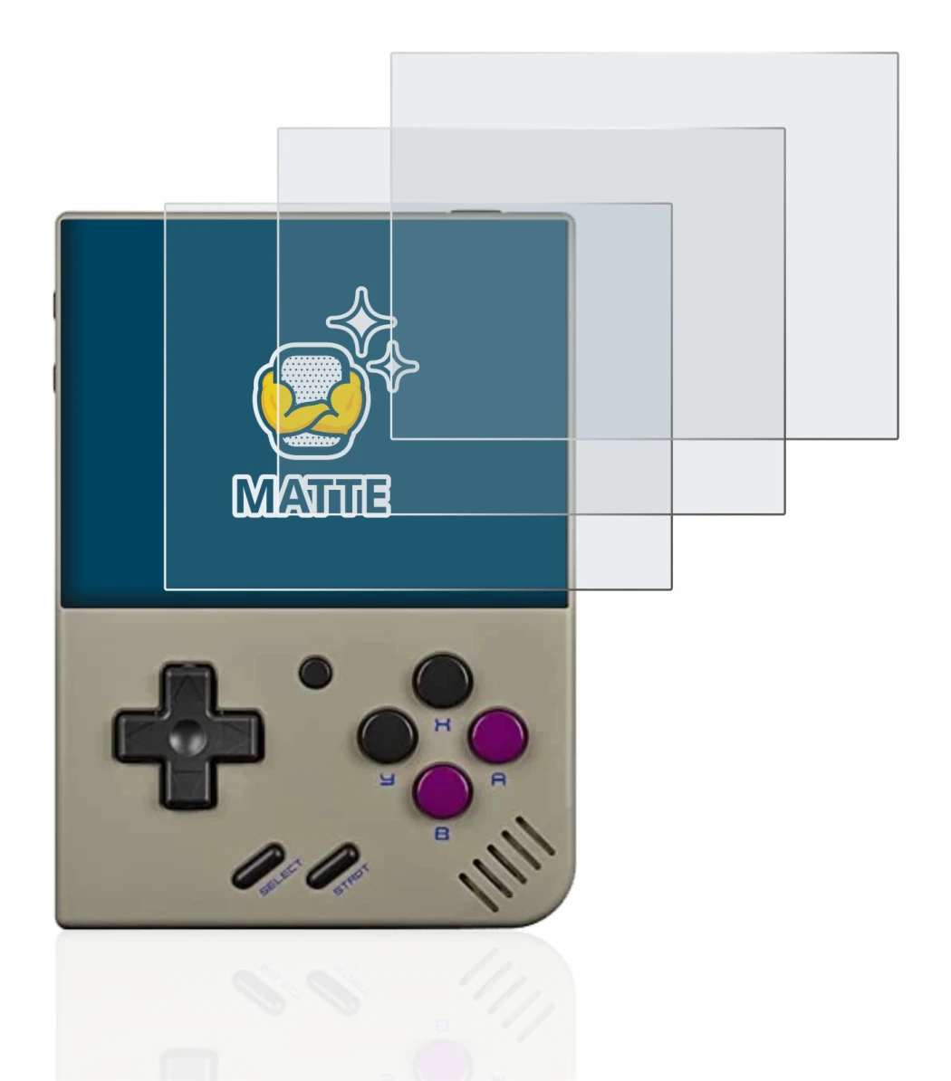 Immagine del dispositivo Miyoo Mini Plus con un'ampia varietà di protezioni per lo schermo.