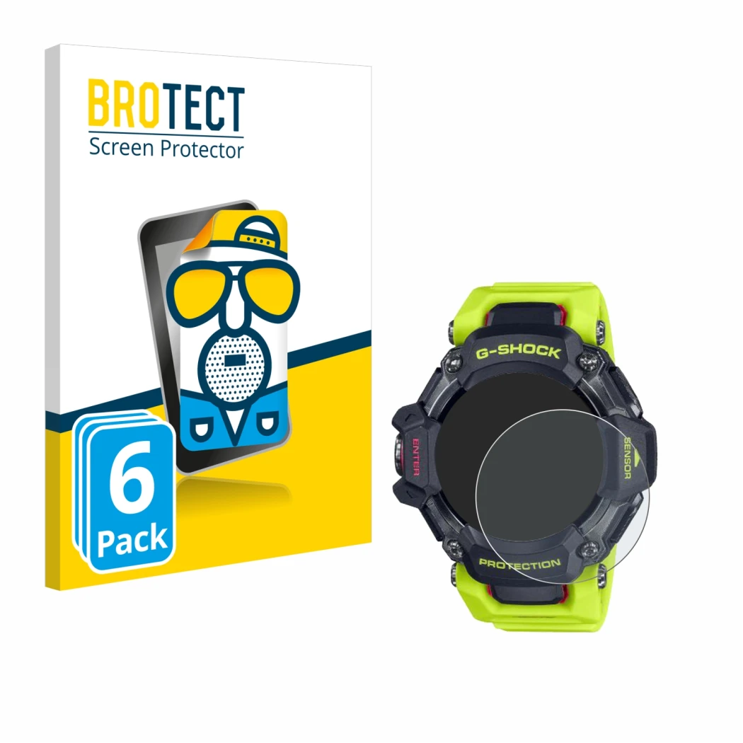 Parte frontale di una confezione del prodotto con il logo del marchio BROTECT. Accanto è raffigurato il dispositivo Casio G-Sh