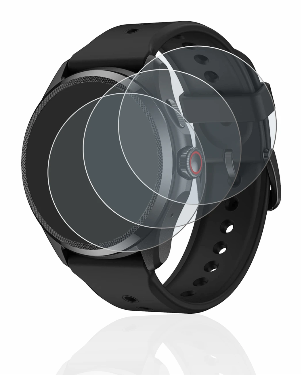 Immagine del dispositivo Mobvoi TicWatch Pro 5 con un'ampia varietà di protezioni per lo schermo.