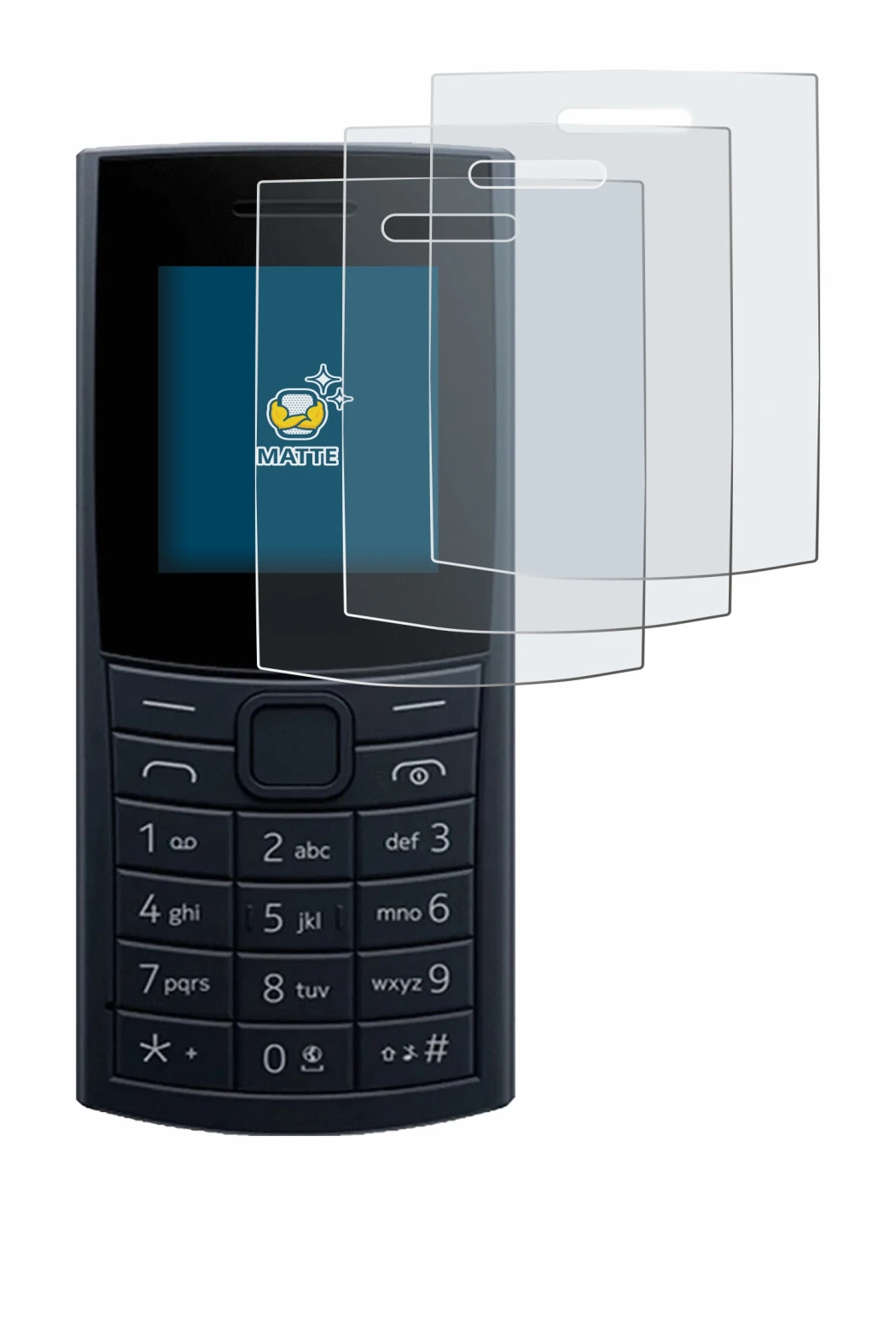 Immagine del dispositivo Nokia 110 4G (2023) con un'ampia varietà di protezioni per lo schermo.