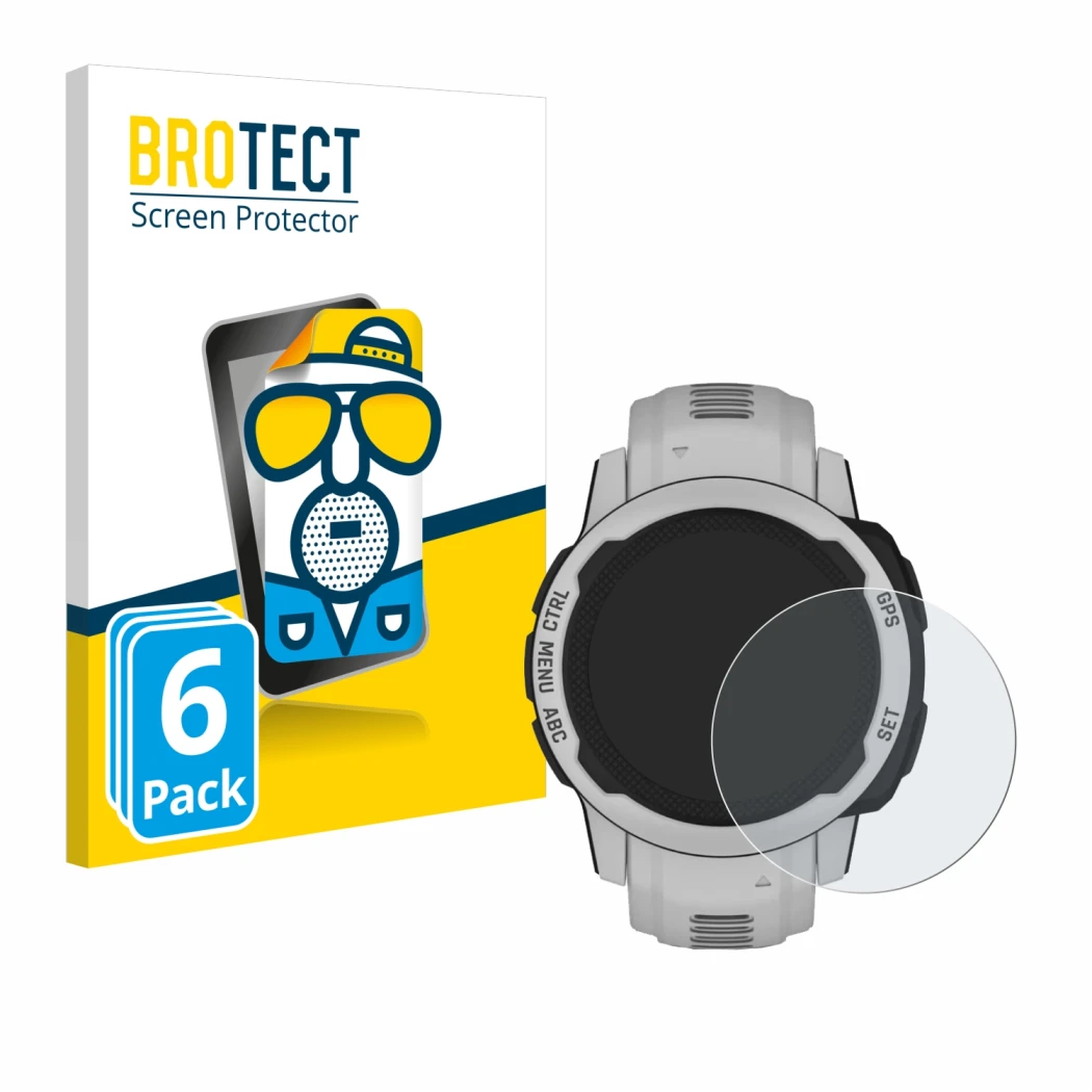 Parte frontale di una confezione del prodotto con il logo del marchio BROTECT. Accanto è raffigurato il dispositivo Garmin Ins