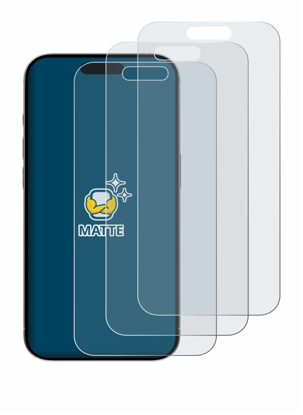 Immagine del dispositivo Apple iPhone 15 con un'ampia varietà di protezioni per lo schermo.