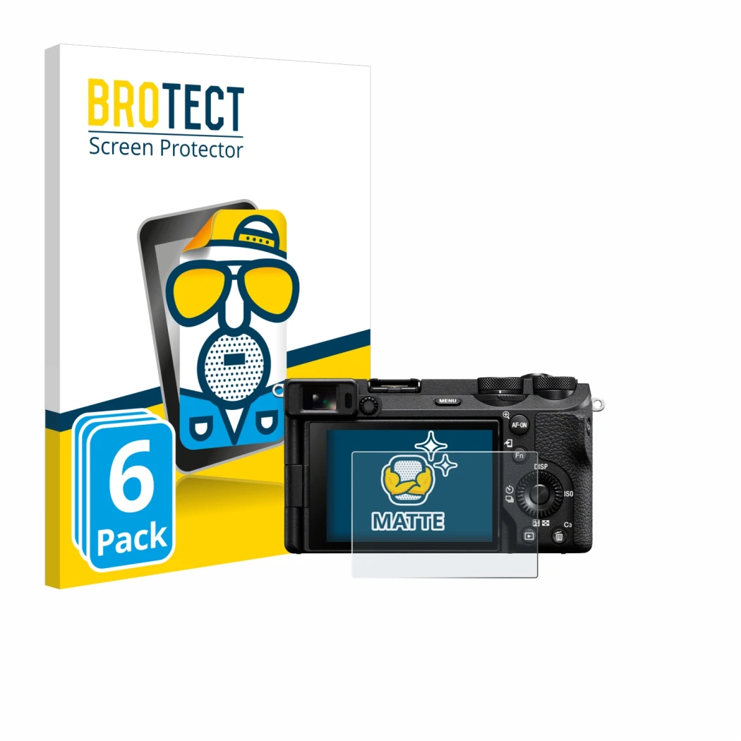 Parte frontale di una confezione del prodotto con il logo del marchio BROTECT. Accanto è raffigurato il dispositivo Sony Alpha