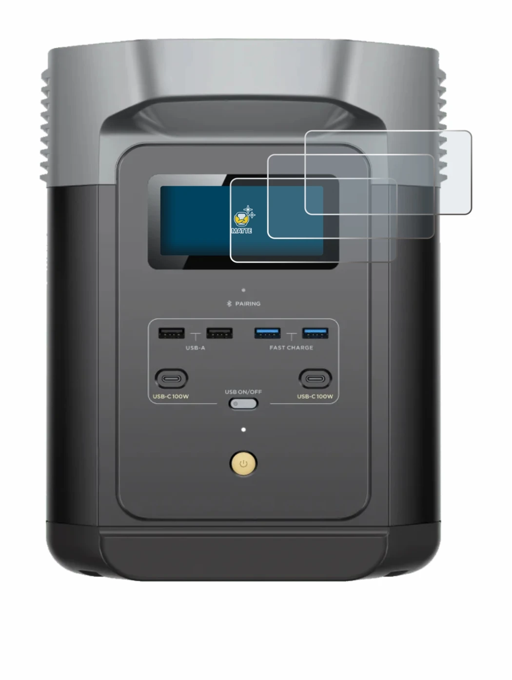 Immagine del dispositivo EcoFlow DELTA 2 con un'ampia varietà di protezioni per lo schermo.