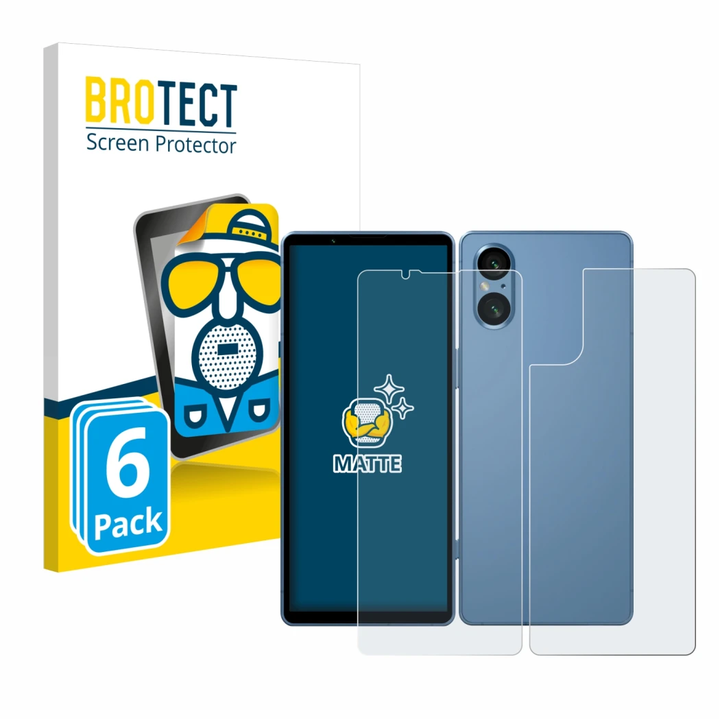 Parte frontale di una confezione del prodotto con il logo del marchio BROTECT. Accanto è raffigurato il dispositivo Sony Xperi