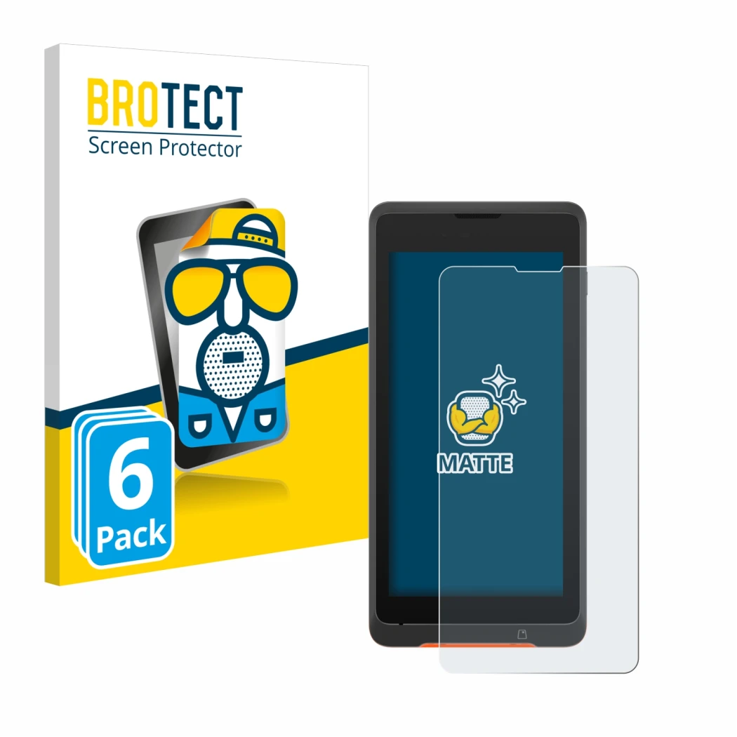 Parte frontale di una confezione del prodotto con il logo del marchio BROTECT. Accanto è raffigurato il dispositivo Sunmi P2 L