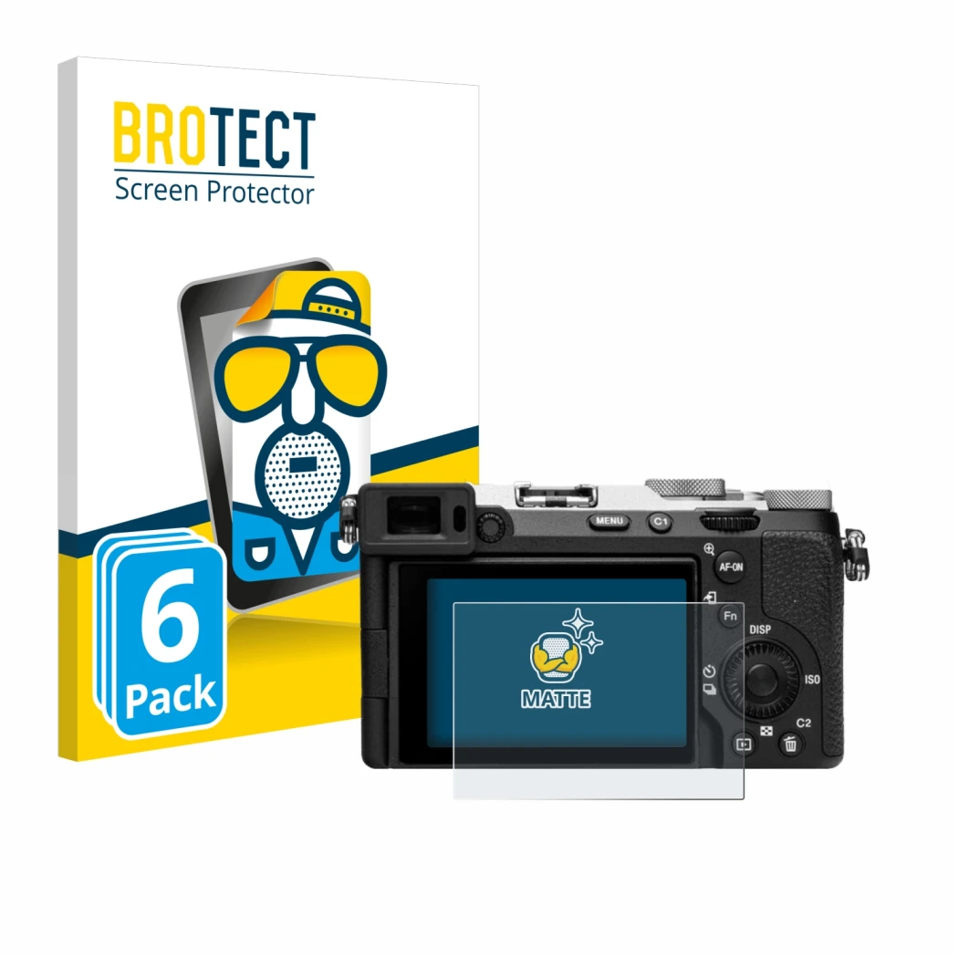 Parte frontale di una confezione del prodotto con il logo del marchio BROTECT. Accanto è raffigurato il dispositivo Sony Alpha