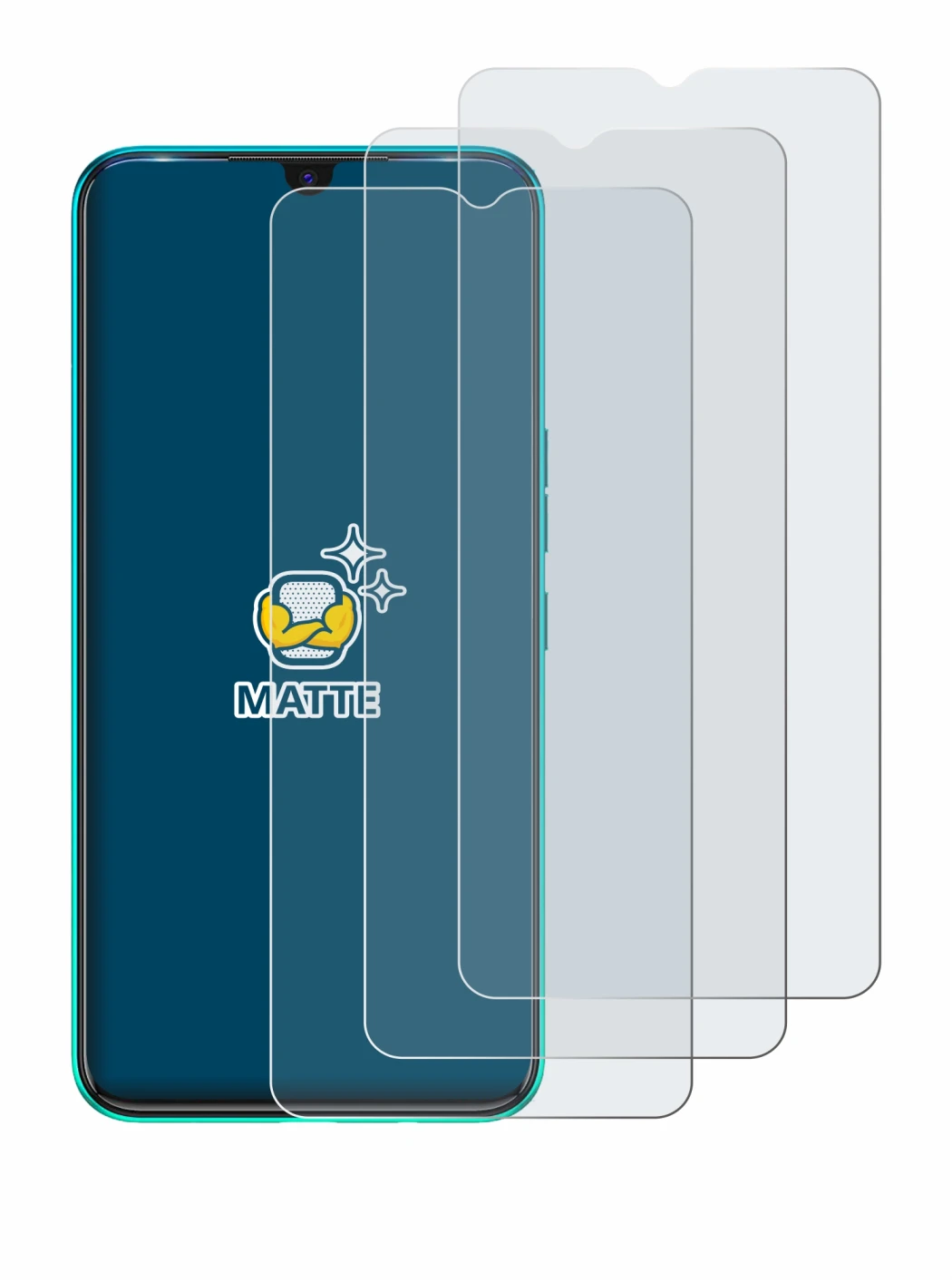 Immagine del dispositivo Tecno Spark 7 con un'ampia varietà di protezioni per lo schermo.
