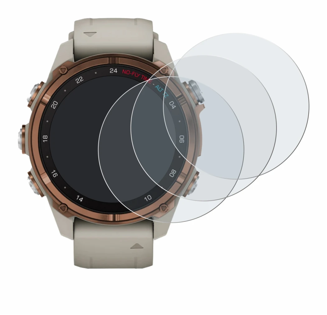 Immagine del dispositivo Garmin Descent Mk3 (43 mm) con un'ampia varietà di protezioni per lo schermo.
