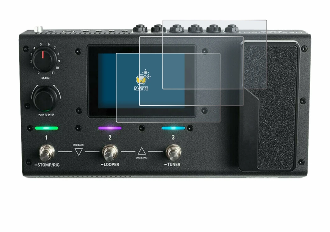 Immagine del dispositivo Headrush MX5 con un'ampia varietà di protezioni per lo schermo.