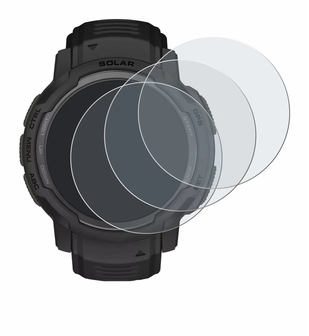 Immagine del dispositivo Garmin Instinct Crossover Solar con un'ampia varietà di protezioni per lo schermo.