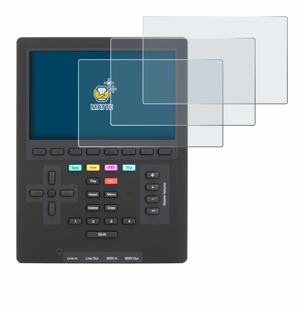 Immagine del dispositivo Polyend Tracker Mini con un'ampia varietà di protezioni per lo schermo.