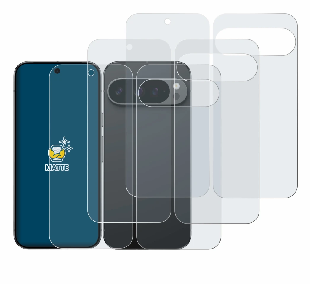 Immagine del dispositivo Google Pixel 9 Pro (Fronte+Retro) con un'ampia varietà di protezioni per lo schermo.