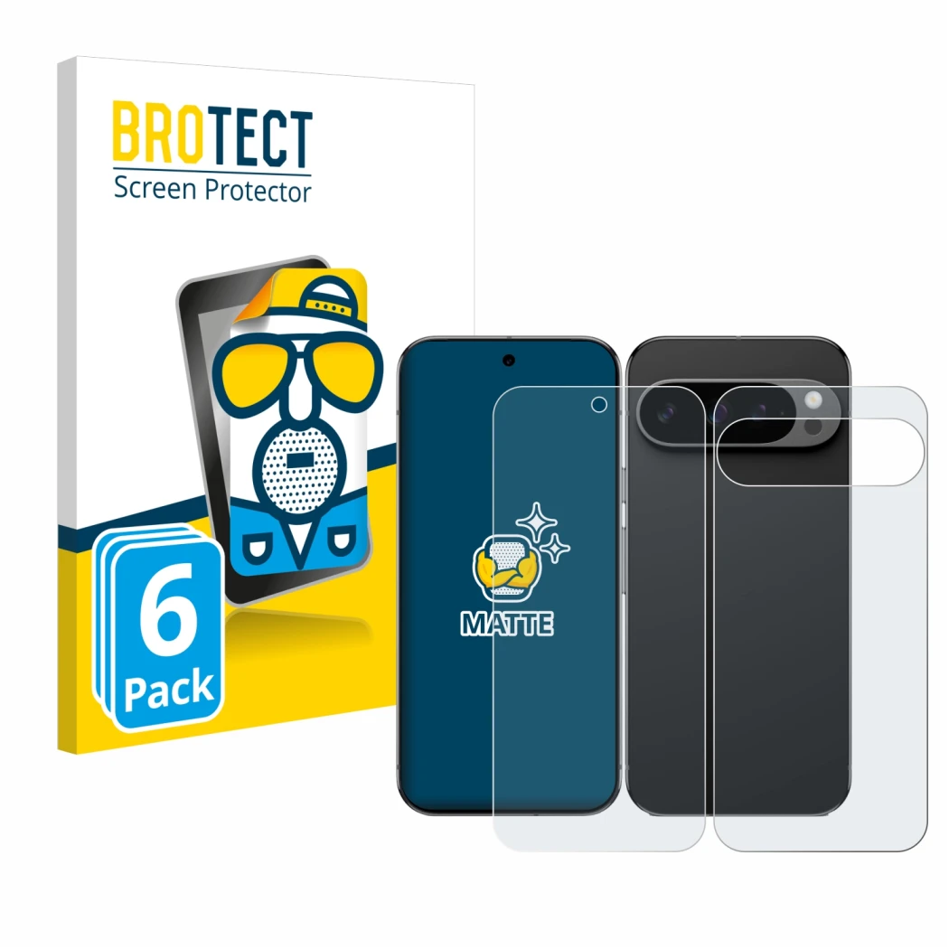 Parte frontale di una confezione del prodotto con il logo del marchio BROTECT. Accanto è raffigurato il dispositivo Google Pix