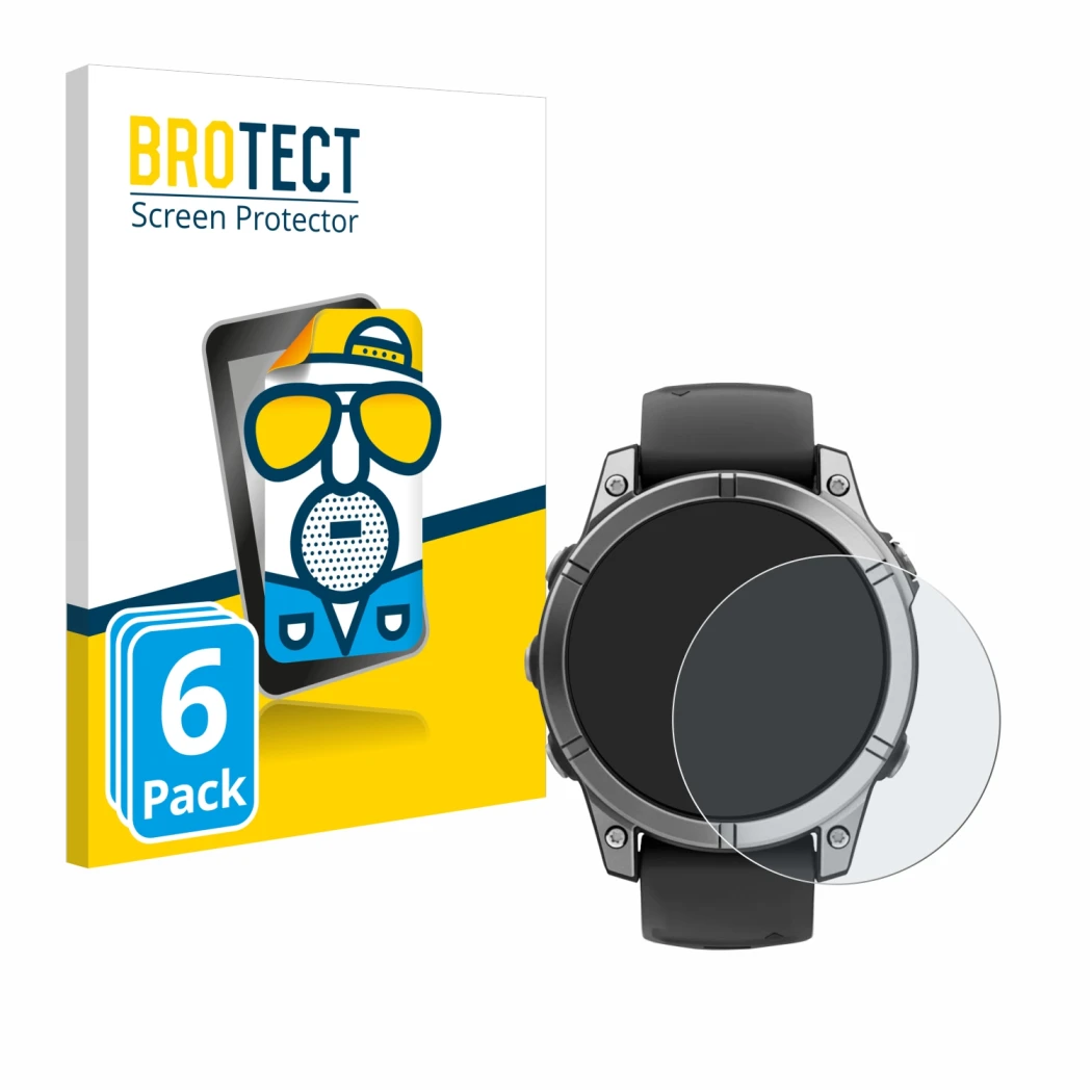 Parte frontale di una confezione del prodotto con il logo del marchio BROTECT. Accanto è raffigurato il dispositivo Garmin Fen