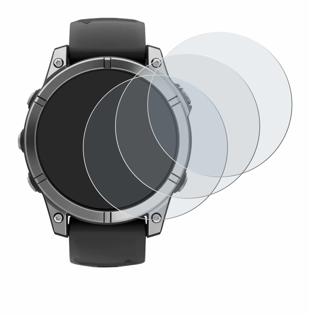 Immagine del dispositivo Garmin Fenix E con un'ampia varietà di protezioni per lo schermo.