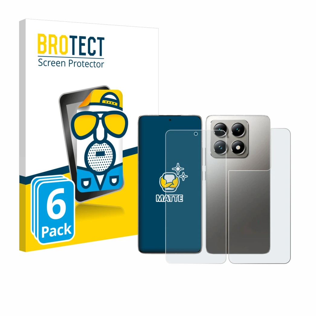 Parte frontale di una confezione del prodotto con il logo del marchio BROTECT. Accanto è raffigurato il dispositivo Xiaomi 14T