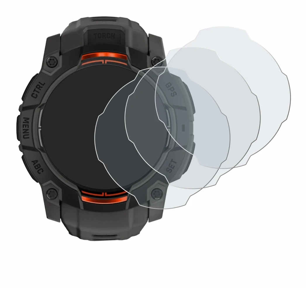 Immagine del dispositivo Garmin Instinct 3 Solar (50 mm) con un'ampia varietà di protezioni per lo schermo.