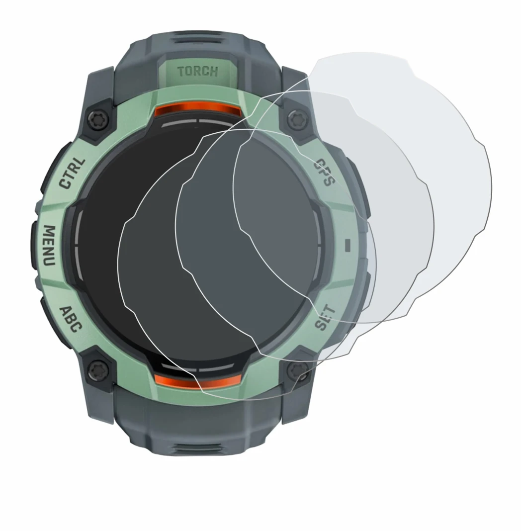 Immagine del dispositivo Garmin Instinct 3 AMOLED (45 mm) con un'ampia varietà di protezioni per lo schermo.