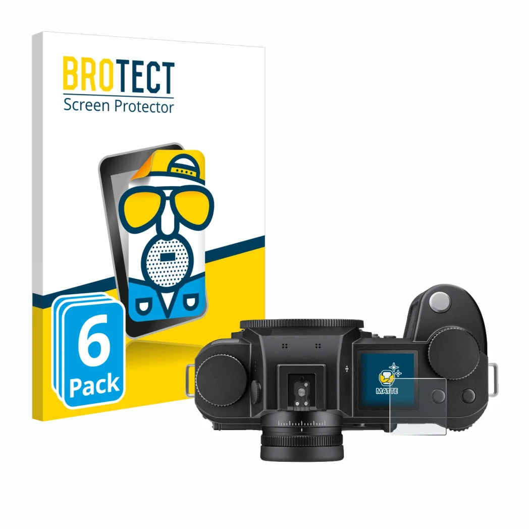 Parte frontale di una confezione del prodotto con il logo del marchio BROTECT. Accanto è raffigurato il dispositivo Leica SL3-