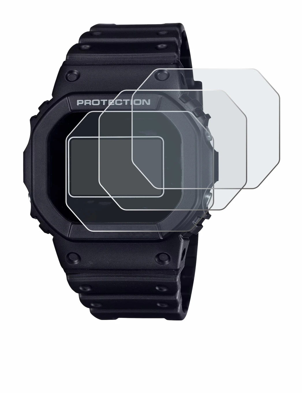Immagine del dispositivo Casio G-Shock DW-5600RL-1 con un'ampia varietà di protezioni per lo schermo.
