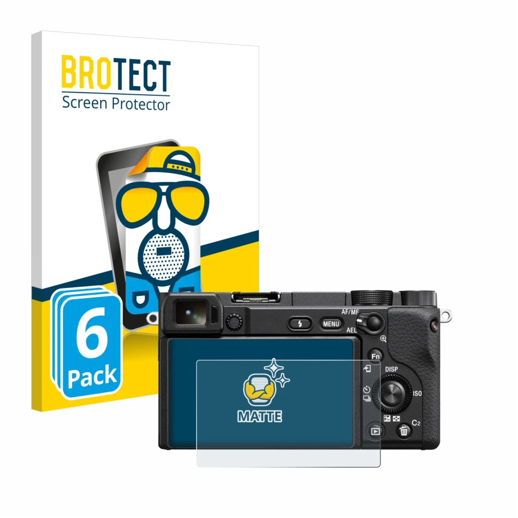 Parte frontale di una confezione del prodotto con il logo del marchio BROTECT. Accanto è raffigurato il dispositivo Sony Alpha