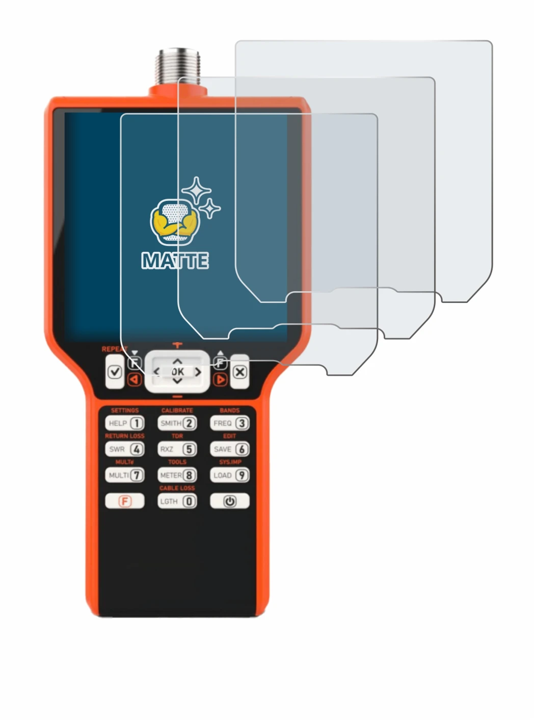 Immagine del dispositivo RigExpert MATCH con un'ampia varietà di protezioni per lo schermo.