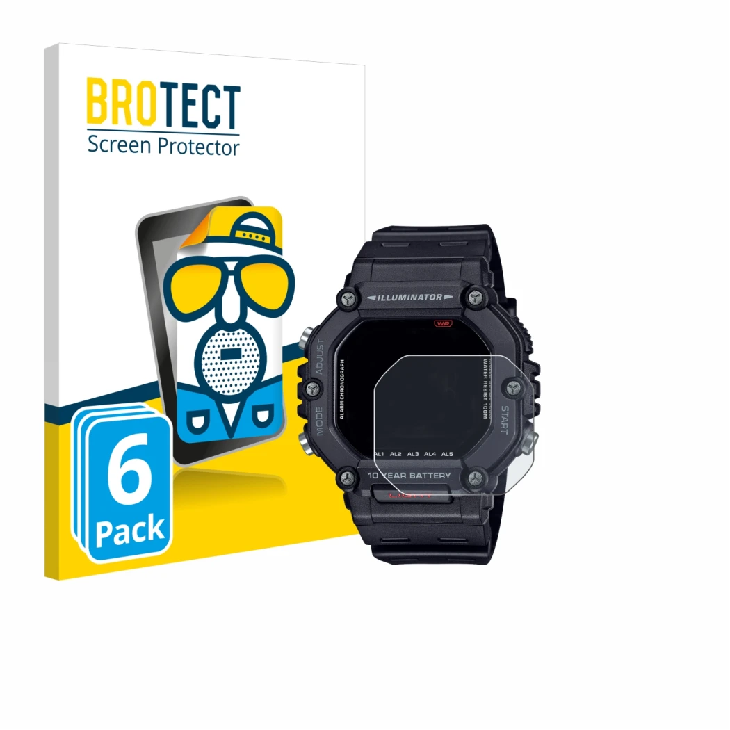 Parte frontale di una confezione del prodotto con il logo del marchio BROTECT. Accanto è raffigurato il dispositivo Casio AE-1