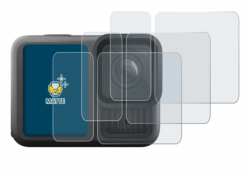 Immagine del dispositivo GoPro Hero 13 Black Ultra Wide Edition con un'ampia varietà di protezioni per lo schermo.