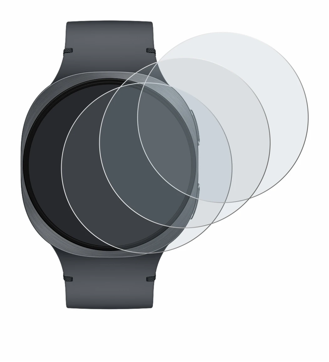 Immagine del dispositivo Samsung Galaxy Watch 8 (44 mm) con un'ampia varietà di protezioni per lo schermo.
