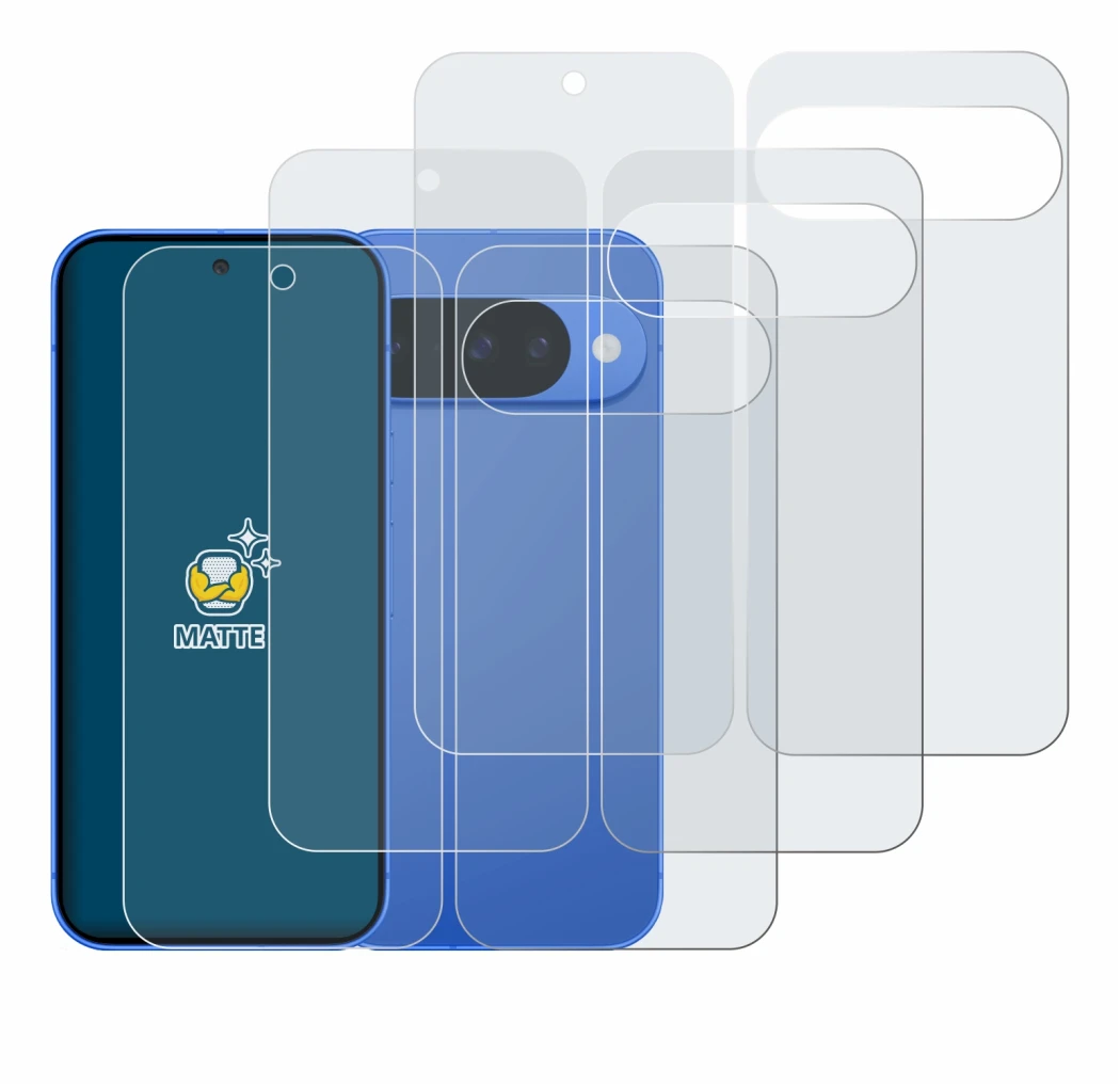 Immagine del dispositivo Google Pixel 10 (Fronte+Retro) con un'ampia varietà di protezioni per lo schermo.