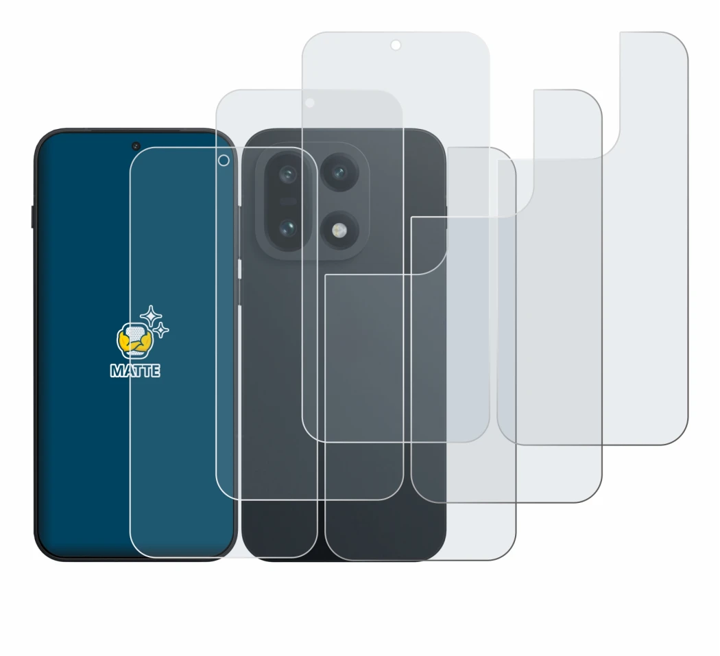 Immagine del dispositivo OnePlus 15 (Fronte+Retro) con un'ampia varietà di protezioni per lo schermo.