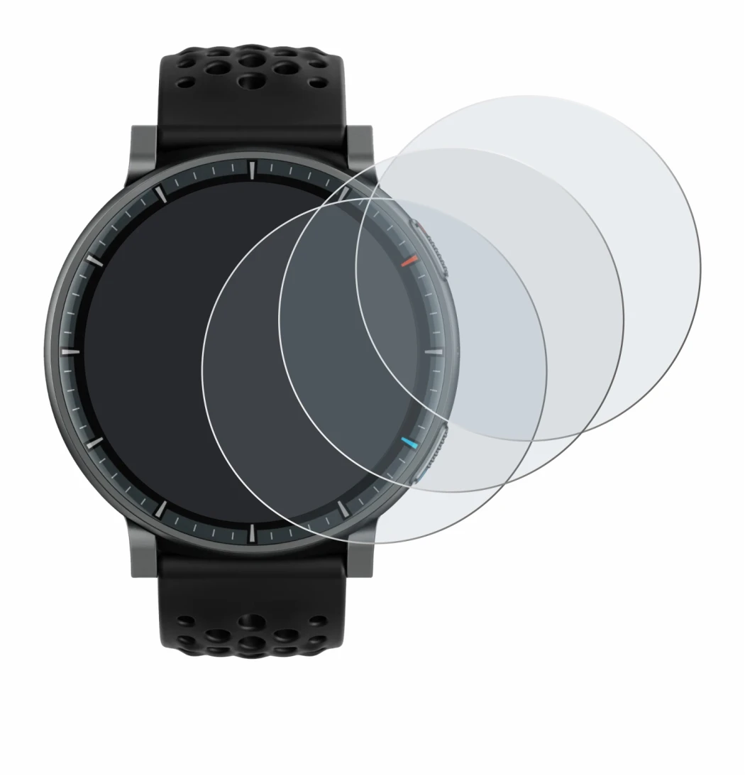 Immagine del dispositivo Amazfit Active Max con un'ampia varietà di protezioni per lo schermo.
