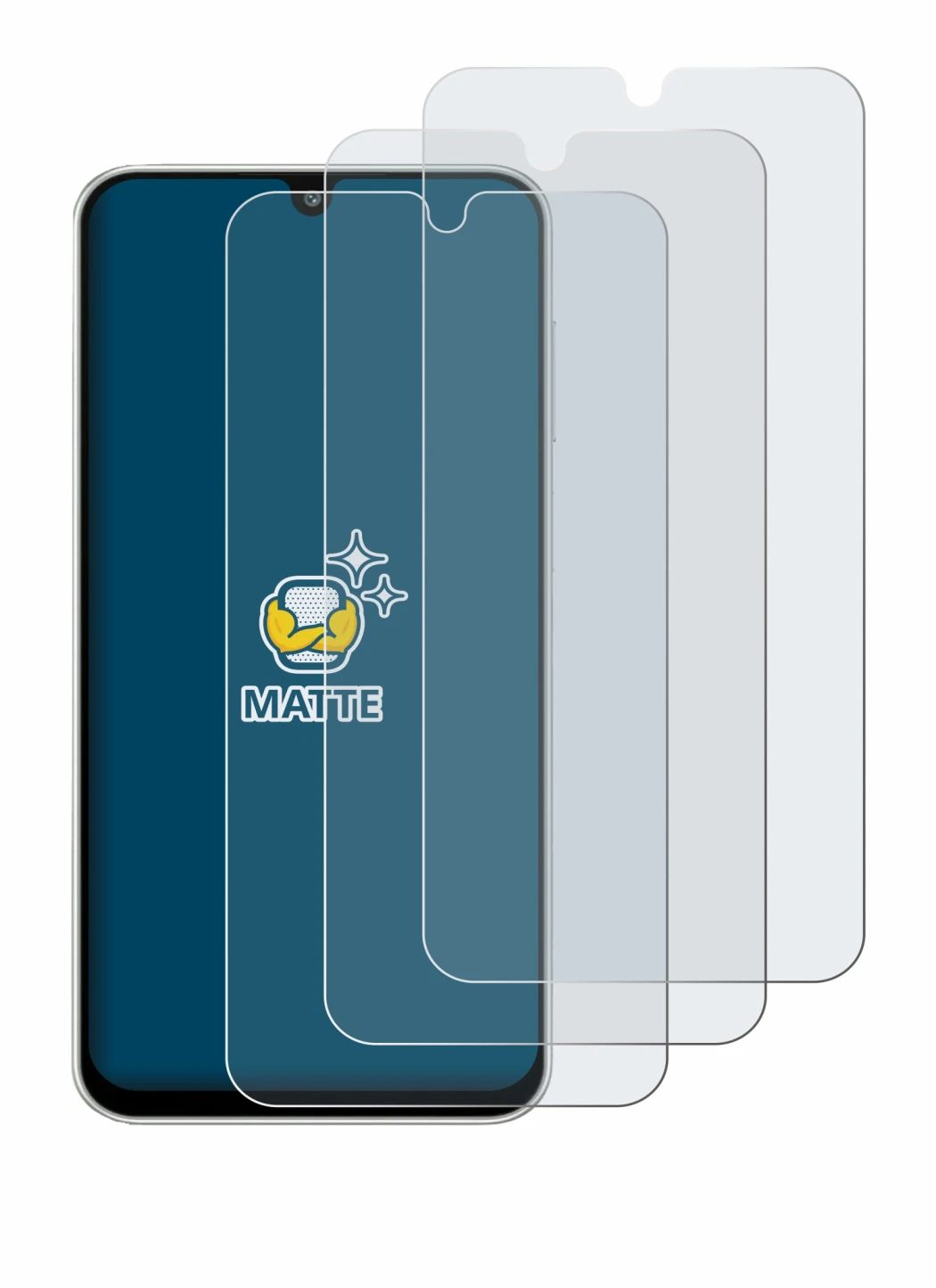 Immagine del dispositivo Samsung Galaxy M16 con un'ampia varietà di protezioni per lo schermo.