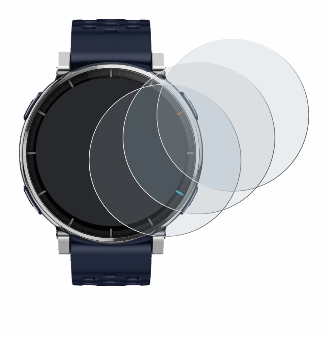 Immagine del dispositivo Amazfit Active 3 Premium con un'ampia varietà di protezioni per lo schermo.