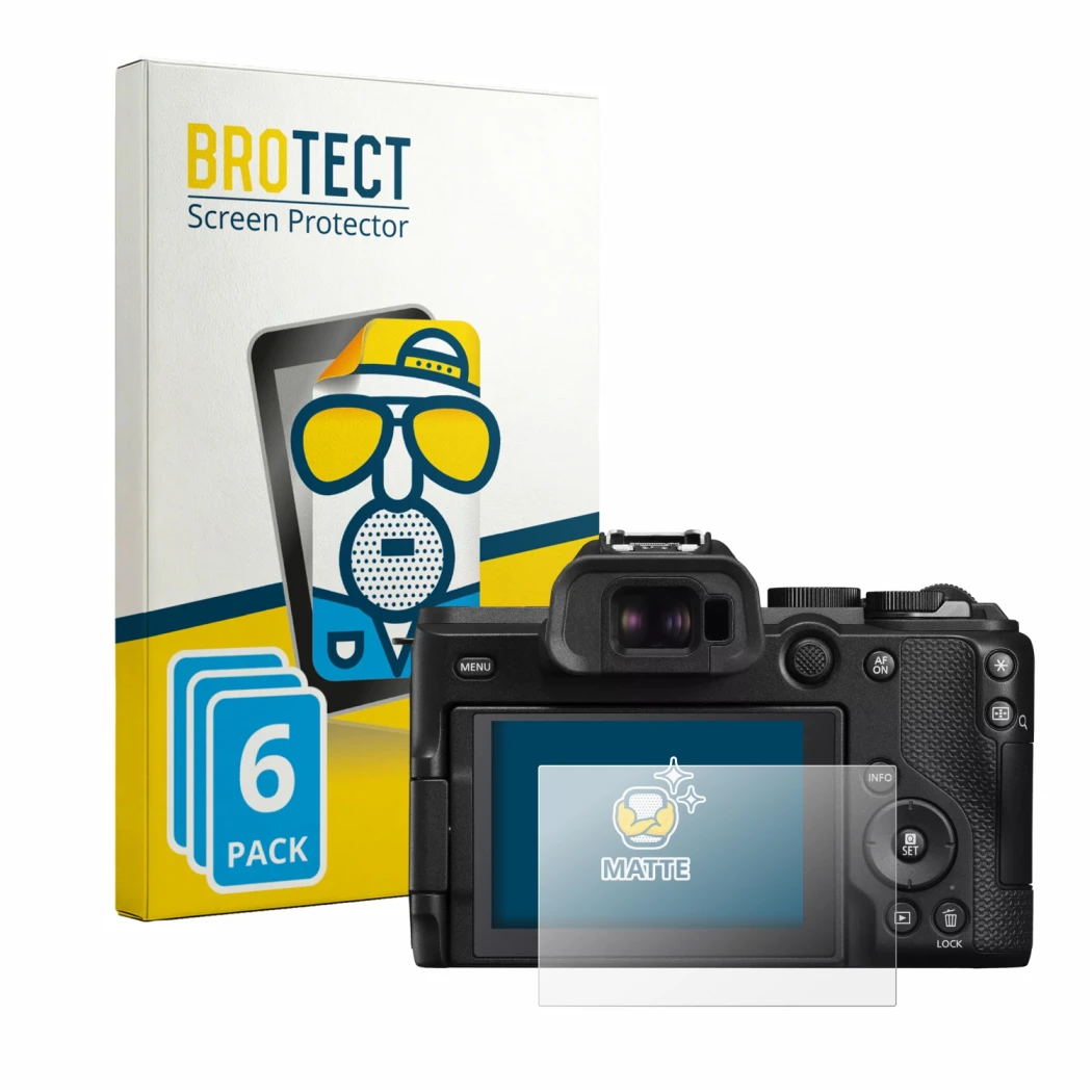Parte frontale di una confezione del prodotto con il logo del marchio BROTECT. Accanto è raffigurato il dispositivo Canon EOS 
