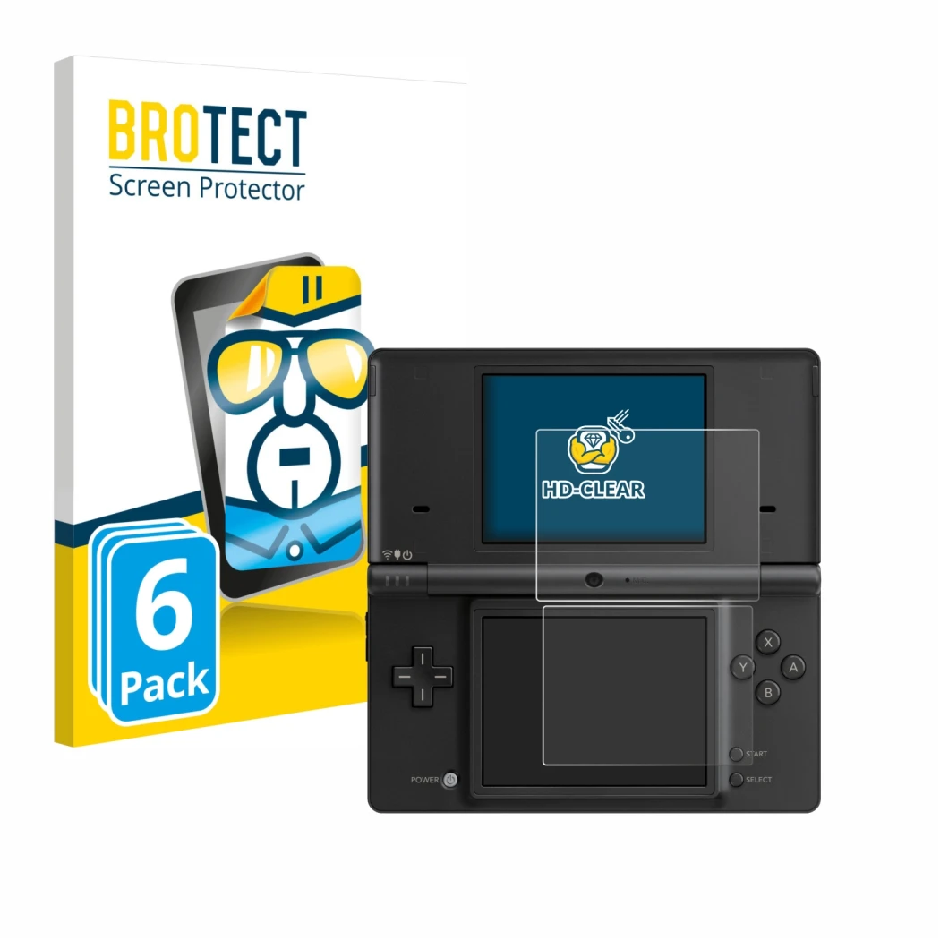 Parte frontale di una confezione del prodotto con il logo del marchio BROTECT. Accanto è raffigurato il dispositivo Nintendo D