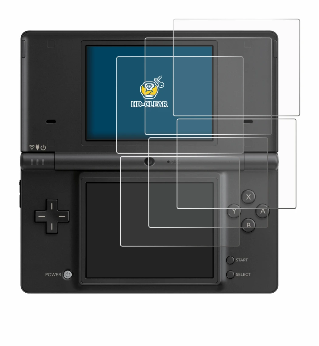 Immagine del dispositivo Nintendo DSi con un'ampia varietà di protezioni per lo schermo.