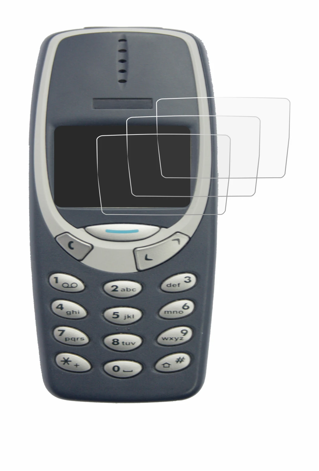 Immagine del dispositivo Nokia 3310 2011 con un'ampia varietà di protezioni per lo schermo.