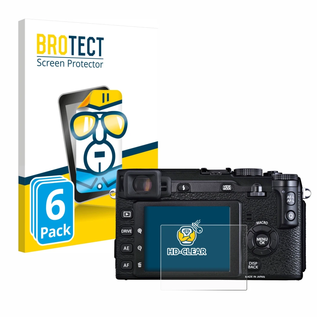 Parte frontale di una confezione del prodotto con il logo del marchio BROTECT. Accanto è raffigurato il dispositivo Fujifilm X