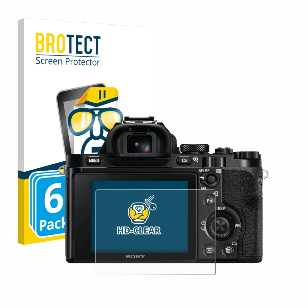 Parte frontale di una confezione del prodotto con il logo del marchio BROTECT. Accanto è raffigurato il dispositivo Sony Alpha
