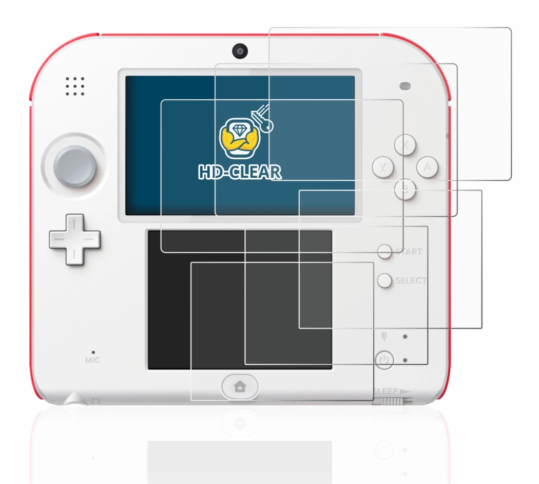 Immagine del dispositivo Nintendo 2DS con un'ampia varietà di protezioni per lo schermo.